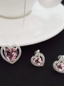 Conjunto Colar E Brinco De Coração Pedra Rosa Folheado A Prata 1000