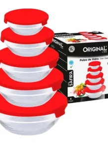 Conjunto Potes de Vidro com Tampa Vermelha Safira 5 Peças