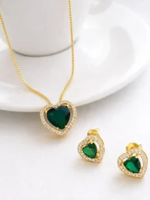 Conjunto Colar E Brinco De Coração Pedra Verde Folheado A Ouro 18k   