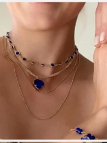 Conjunto Mix Colar Com Pedras Azul e Pulseiras Folheado Ouro 18k