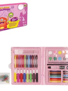 Estojo Escolar Maleta Rosa Pintura Com 60 Peças Para Colorir.