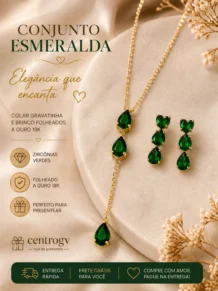 Conjunto Colar Longo E Brinco Gota Verde Folheado A Ouro 18k