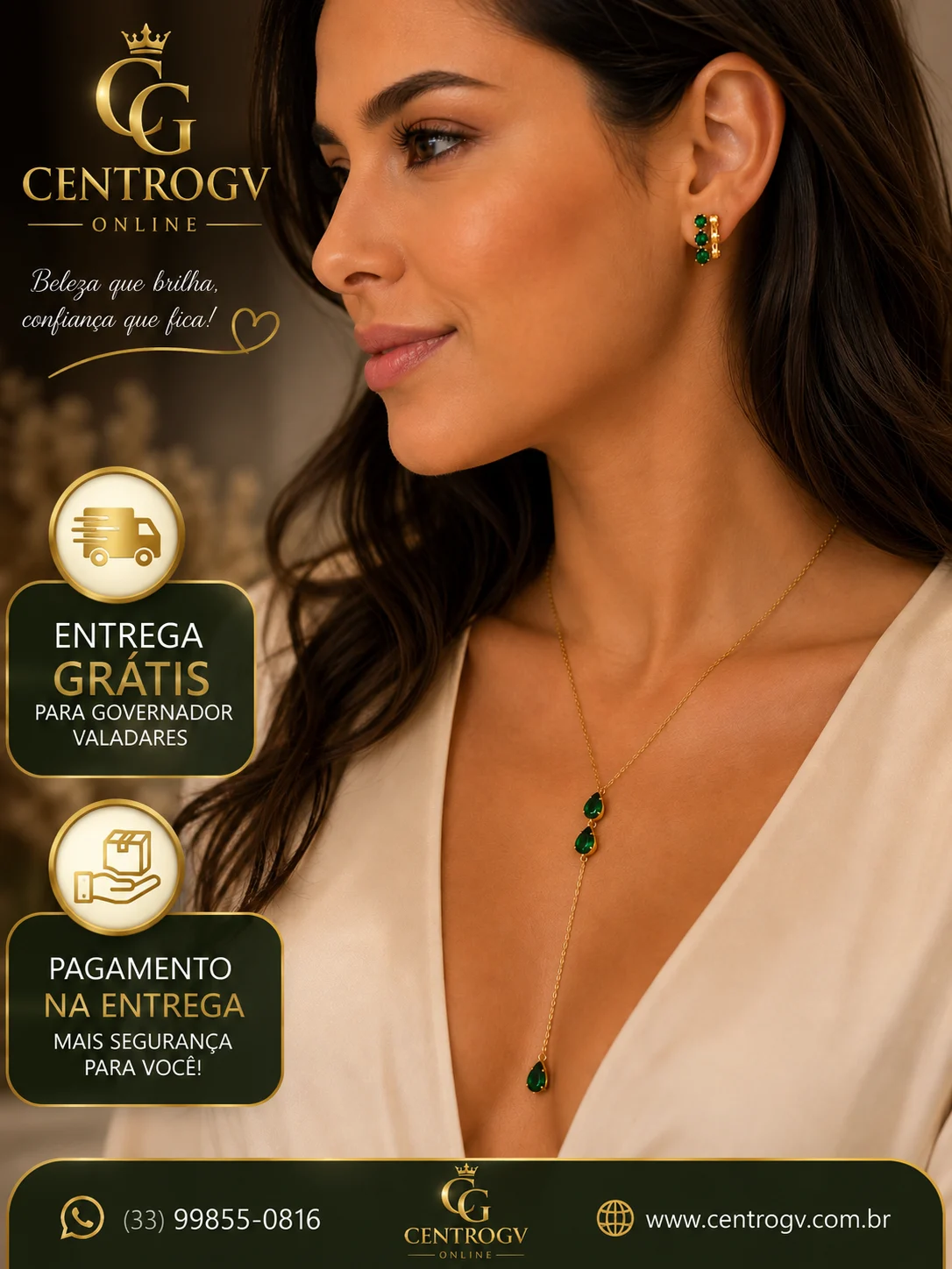 Conjunto Colar Longo E Brinco Gota Verde Folheado A Ouro 18k - Imagem 2