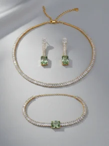 Conjunto Choker Cristal, Pulseira e Brinco Cristal e Riveira Verde Folheado a Ouro 18k