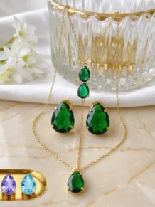 Conjunto Colar Longo E Brinco Gota Verde Folheado A Ouro 18k
