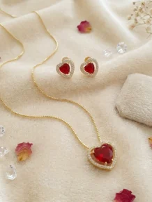 Conjunto Colar e Brinco Coração Pedra Vermelha Folheado a Ouro 18k