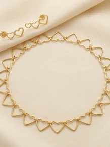 Conjunto Choker e Brinco Corações Vazados Folheado a Ouro 18k