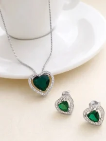 Conjunto Colar E Brinco De Coração Pedra Verde Folheado A Prata