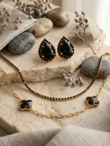 Conjunto Colar Flor e Brinco Gota Preto Folheado a Ouro 18k