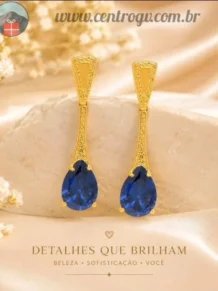 Brinco Base Detalhada Com Pedra Azul Escuro Folheado A Ouro 18k