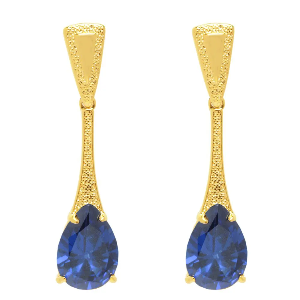 Brinco Base Detalhada Com Pedra Azul Escuro Folheado A Ouro 18k
