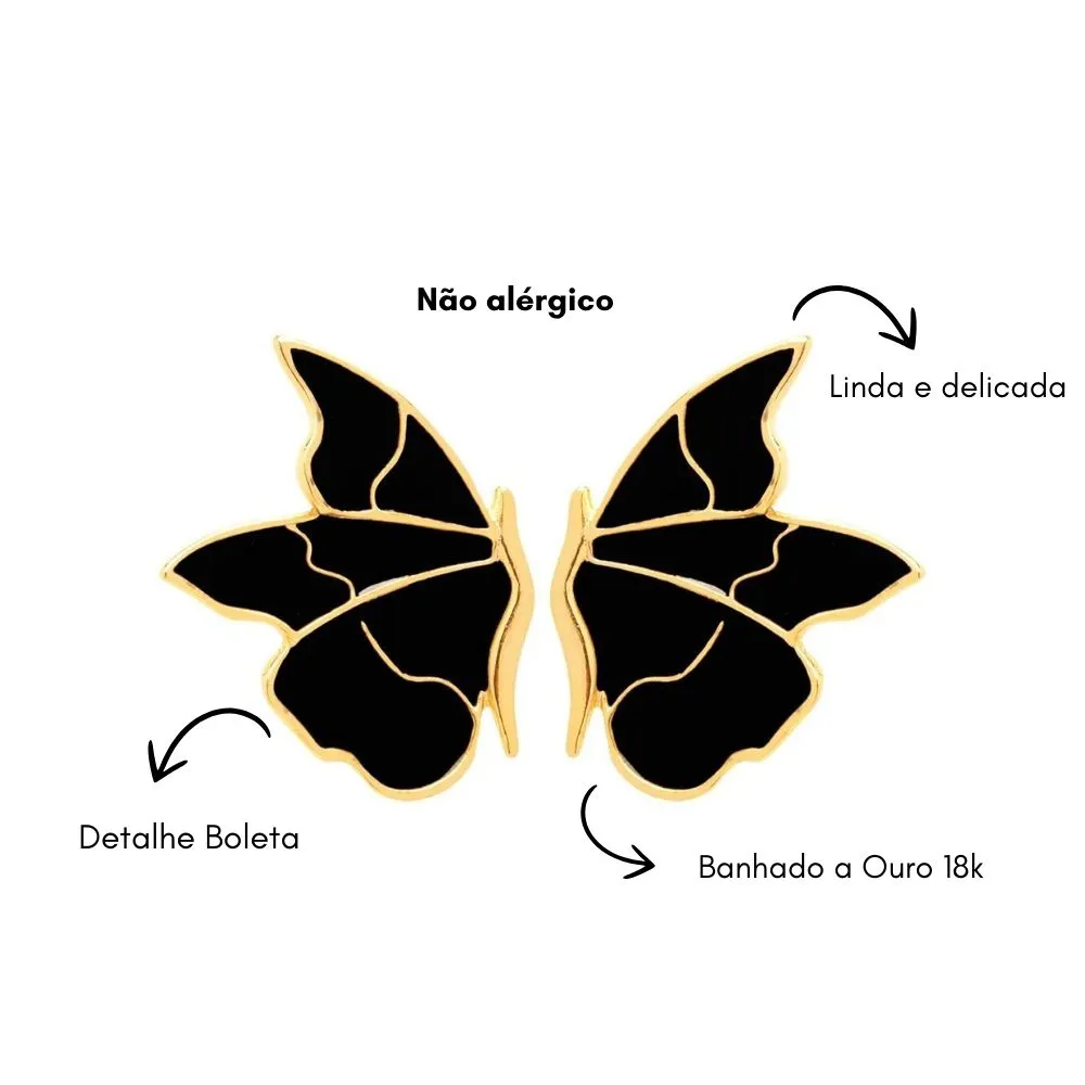 Brinco Borboleta Esmaltada Preta Personalizada Folheado A Ouro 18k - Imagem 4
