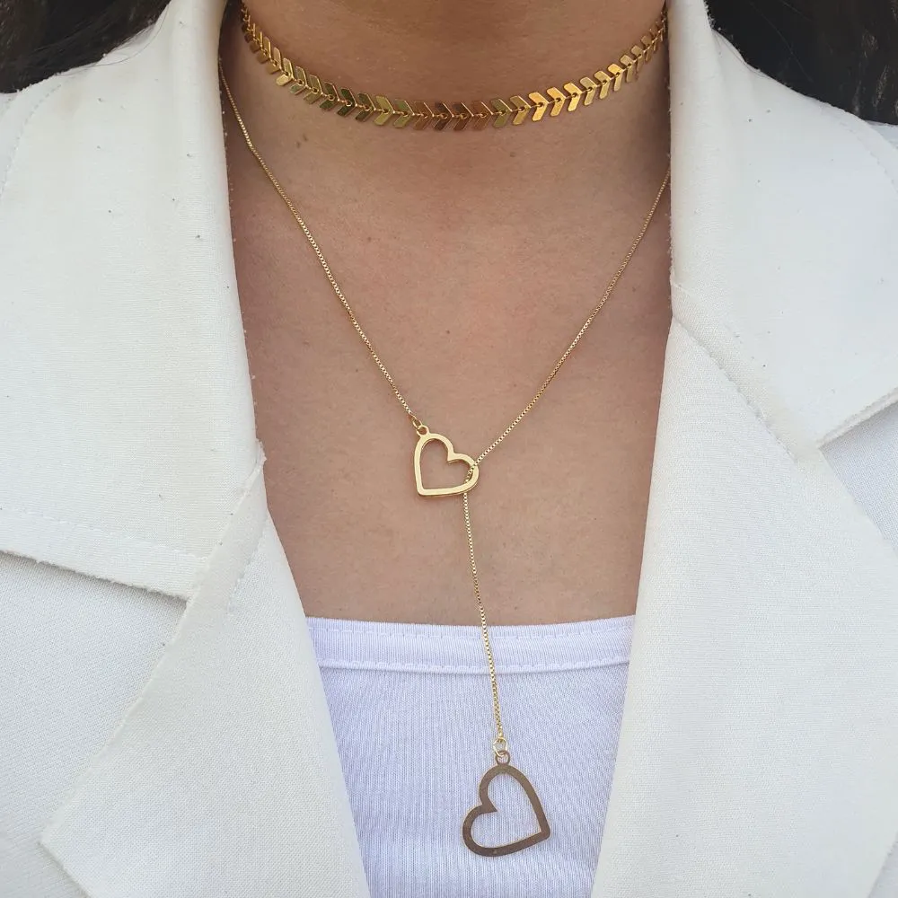 Conjunto Choker Folha E Colar Gravatinha Folheado A Ouro 18k - Imagem 2