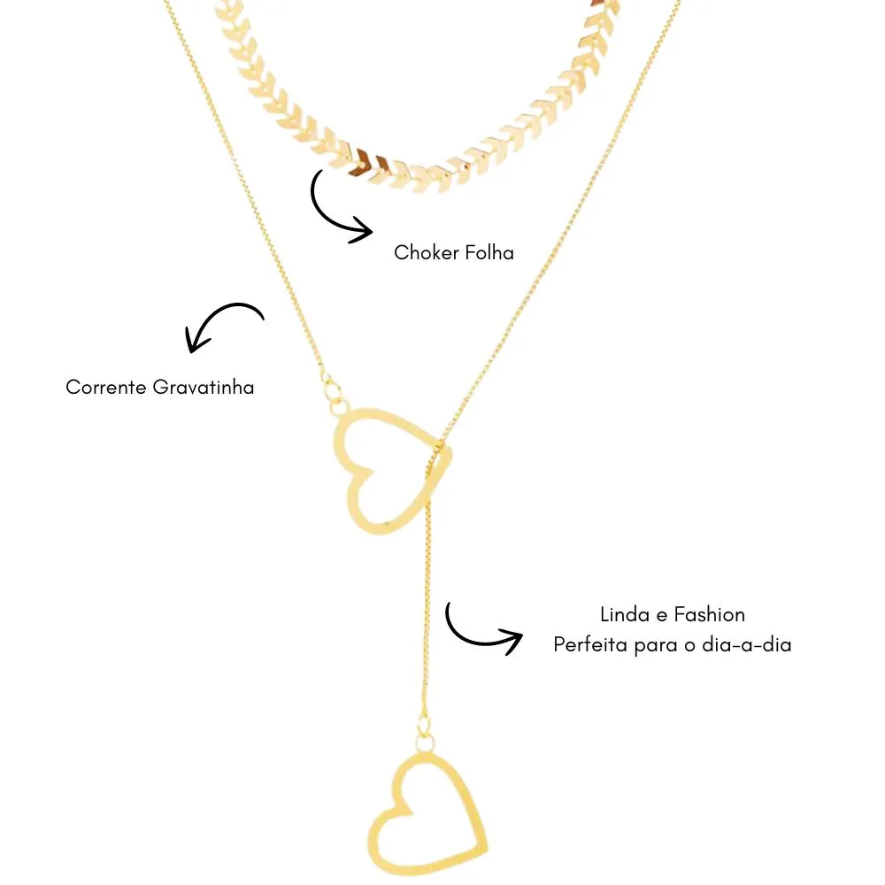 Conjunto Choker Folha E Colar Gravatinha Folheado A Ouro 18k - Imagem 3