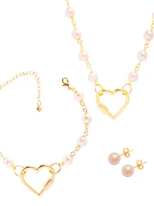 Conjunto Colar Brinco E Pulseira Coração E Perolas Folheado A Ouro 18k