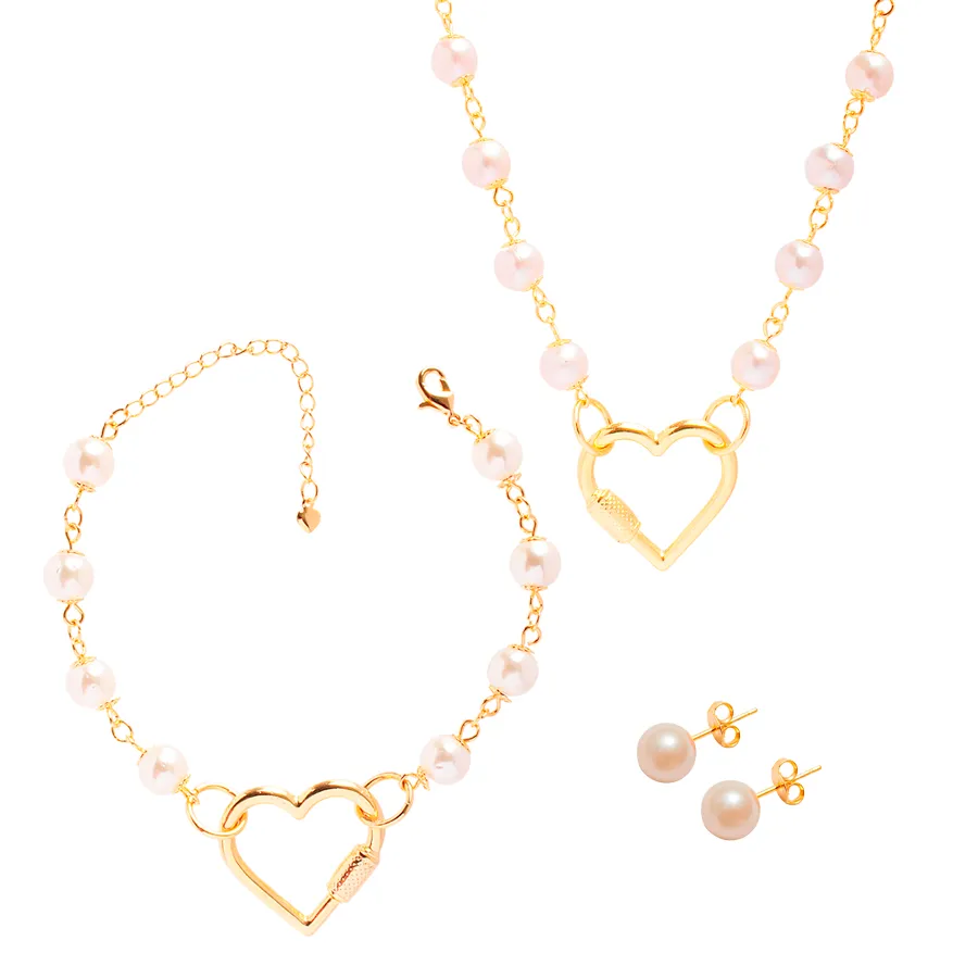 Conjunto Colar Brinco E Pulseira Coração E Perolas Folheado A Ouro 18k