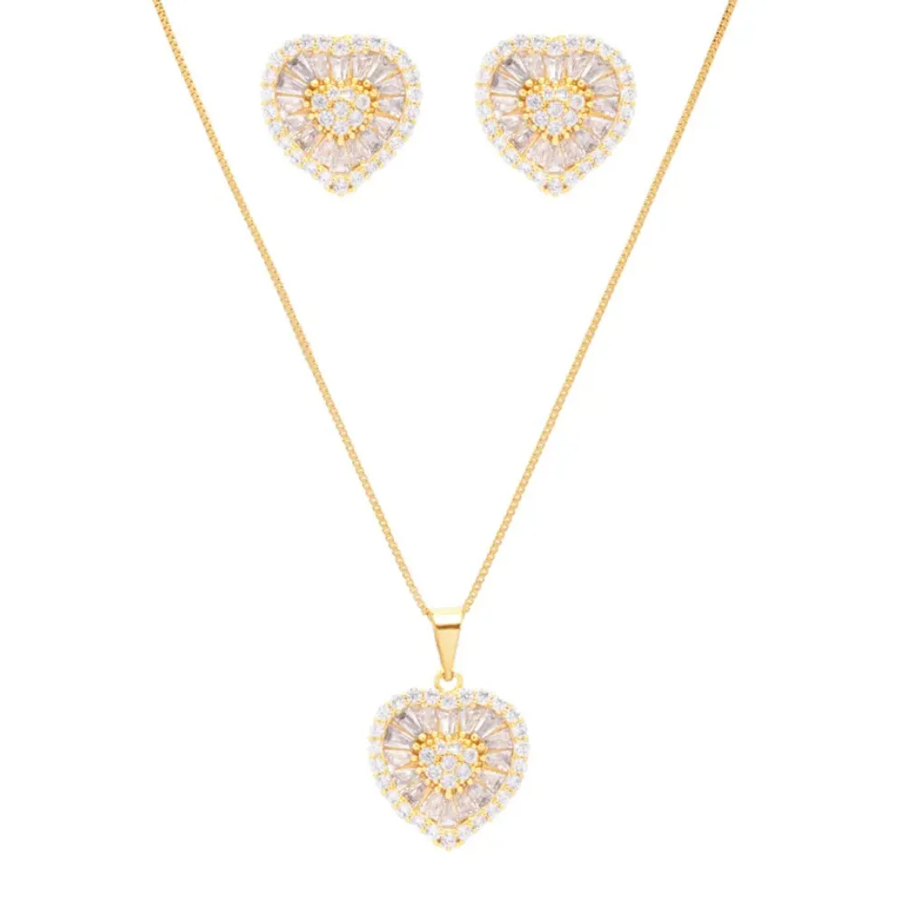 Conjunto Colar E Brinco Coração Zircônia Cristal Folheado A Ouro 18k - Imagem 4