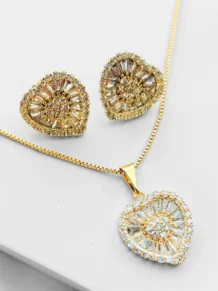 Conjunto Colar E Brinco Coração Zircônia Cristal Folheado A Ouro 18k