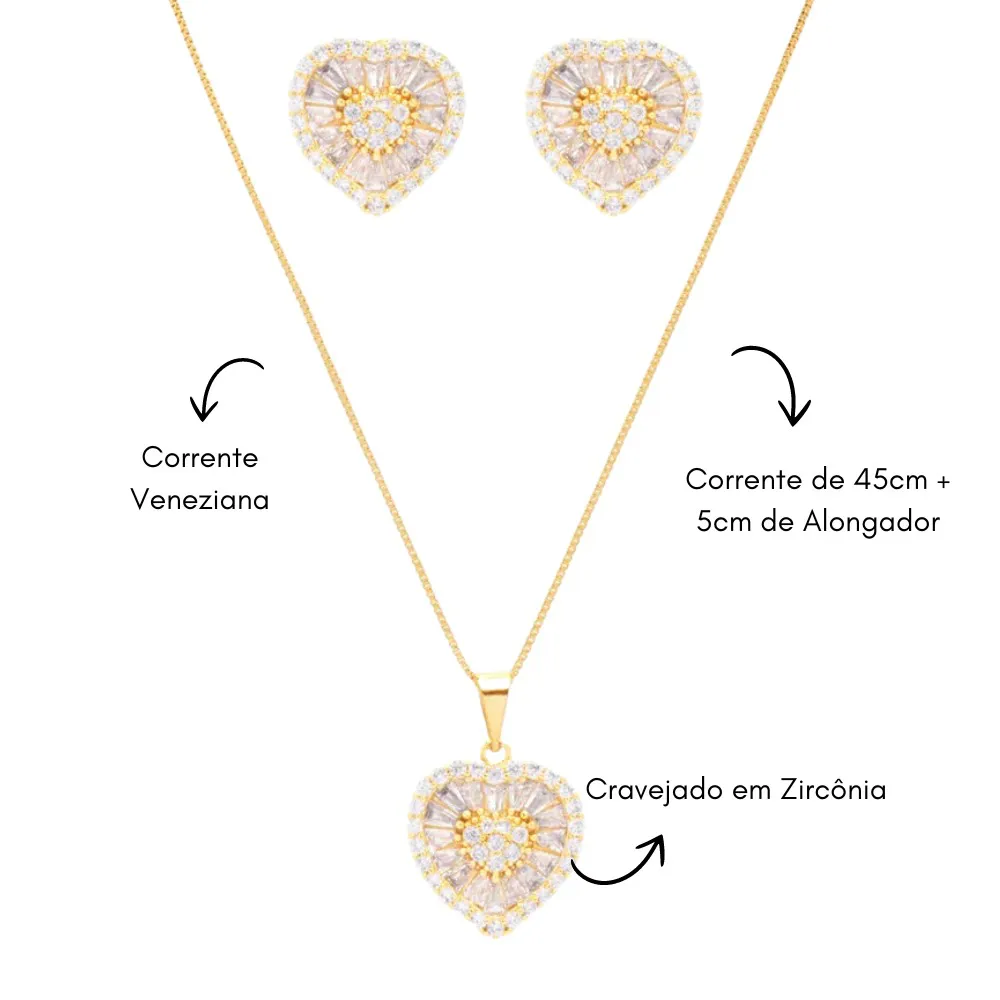 Conjunto Colar E Brinco Coração Zircônia Cristal Folheado A Ouro 18k - Imagem 3