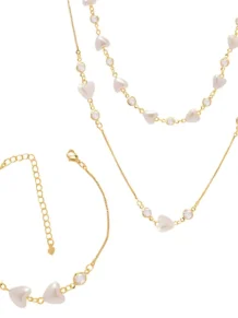 Conjunto Colar Pulseira Coração Perola Lady Folheado A Ouro 18k