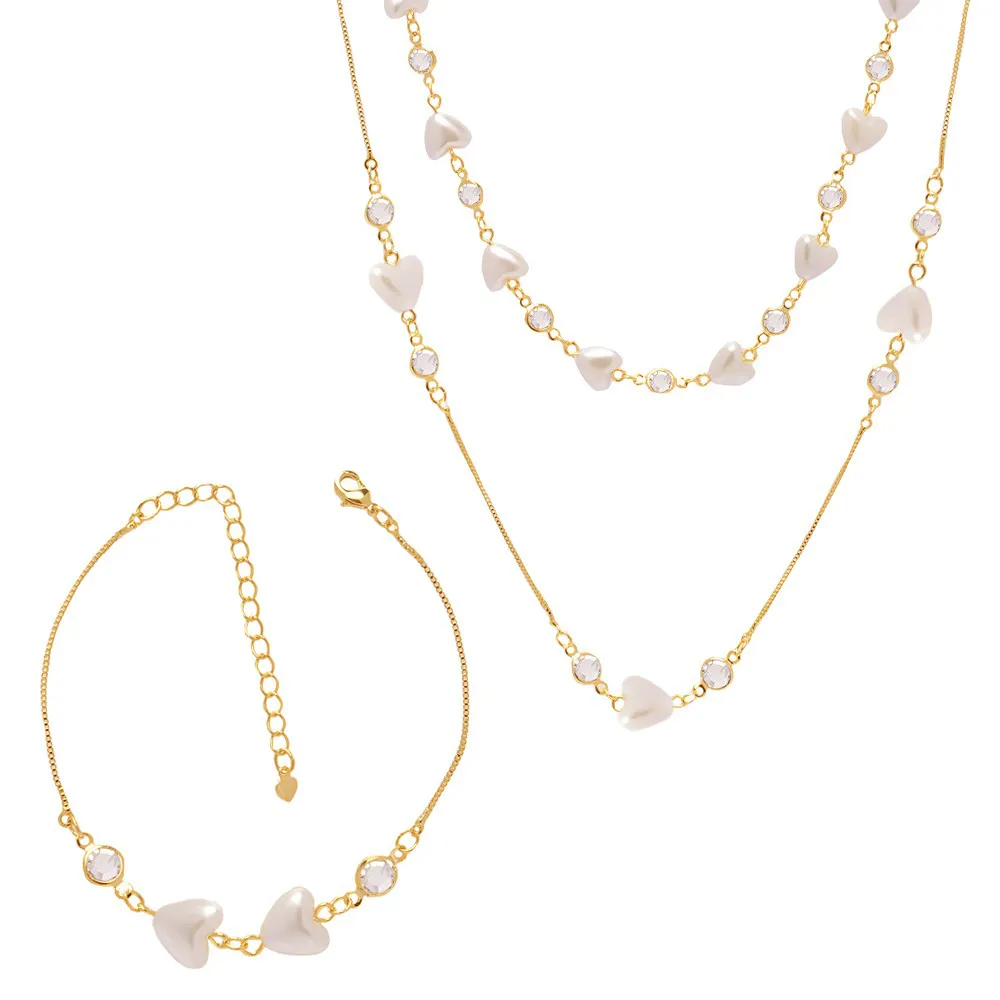 Conjunto Colar Pulseira Coração Perola Lady Folheado A Ouro 18k