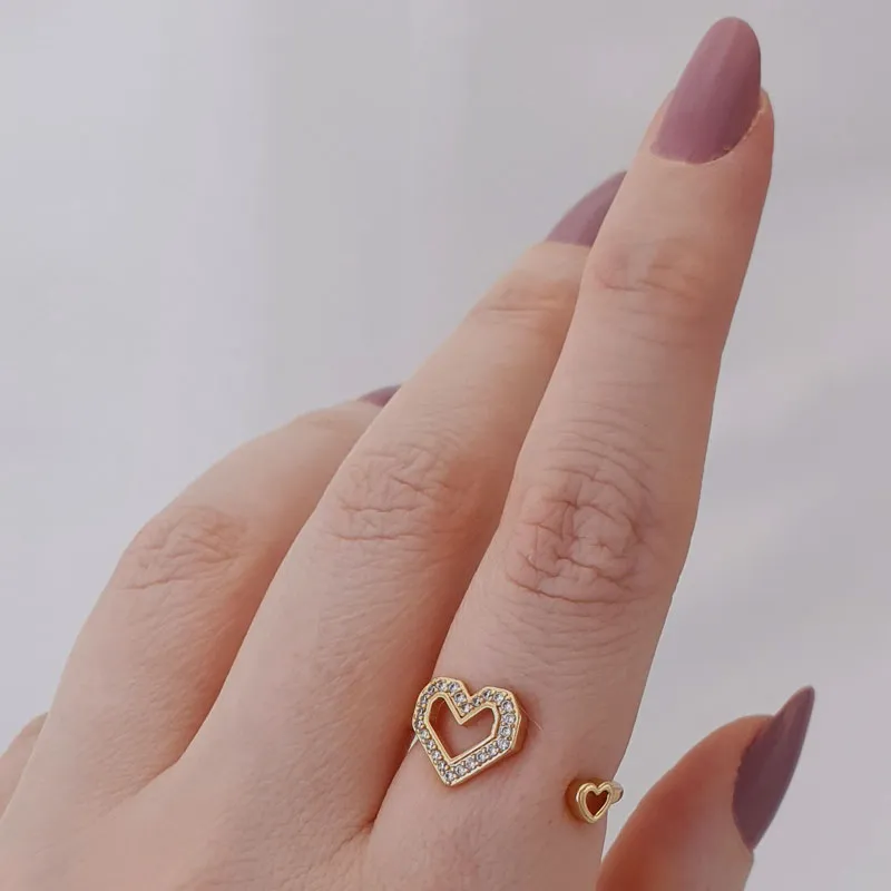 Anel Regulável Detalhe Coração Strass com Micro Zircônia Folheado (Alta fusão) Dourada em Flash Ouro 18k - Imagem 2