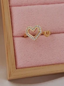 Anel Regulável Detalhe Coração Strass com Micro Zircônia Folheado (Alta fusão) Dourada em Flash Ouro 18k