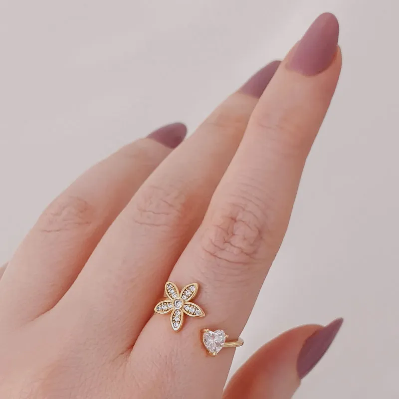 Anel Regulável Detalhe Flor e Coração Zircônia Folheado (Alta fusão)Dourada em Flash Ouro 18k - Imagem 3
