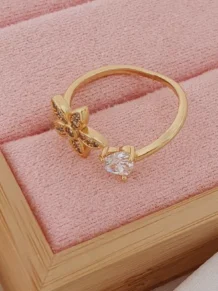Anel Regulável Detalhe Flor e Coração Zircônia Folheado (Alta fusão)Dourada em Flash Ouro 18k