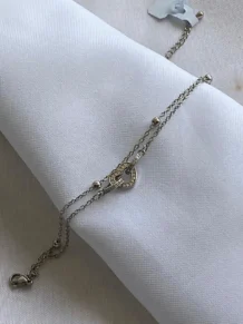 Pulseira Dupla Bolinhas com Coração Zircônias Central Folheado Ródio Branco